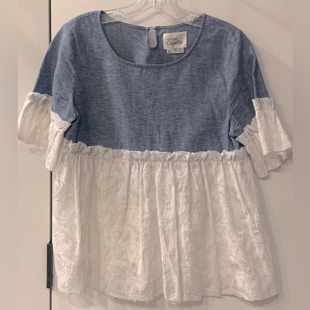 Anthro Atelier Camille Blue Linen/embroidered Ruffle Short Sleeve Blouse XS